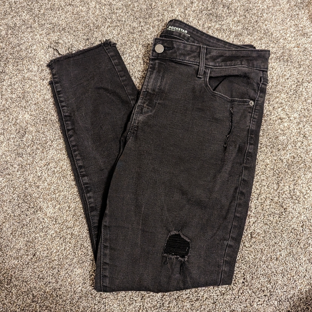 Old Navy Rockstar Mid-Rise Black Distressed Jeans, 14 Regular